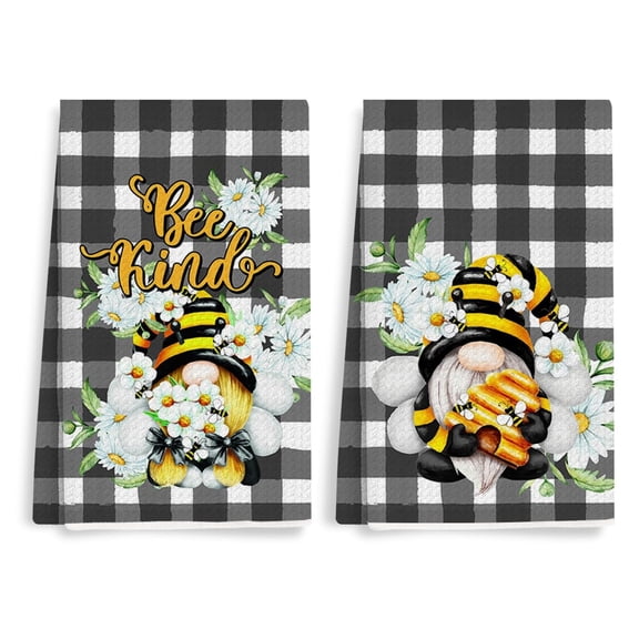 2Pcs Cute Gnome Bee Kitchen Towels 28x16 Inch, Rustic Floral Bee Gnome Black White Hand Towels for Kitchen Home Farmhouse, Absorbent polyester Dish Cloth Tea Towel