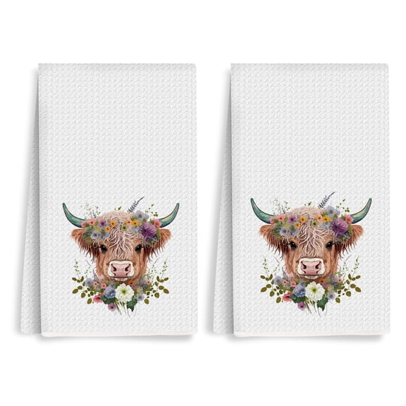 2Pcs Vintage Watercolor Highland Cow Kitchen Towels 28x16 Inch, Rustic Cow Waffle Hand Towels for Kitchen Home Farmhouse, Absorbent polyester Dish Cloth Tea Towel