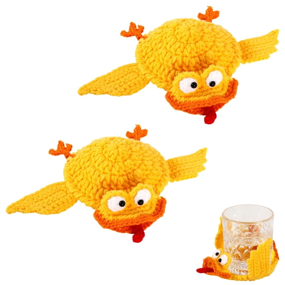 2Pcs Funny Crochet Chicken Cup Mats 4.33 inch Handmade Yellow 3D Crochet Chicken Cup Mats Farmhouse Home Decor for Coffee Mug