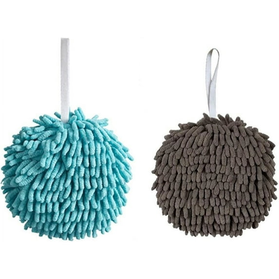 2Pcs Fuzzy Ball Hand Towel, Soft, High Absorbent, Microfiber, for Instant Drying of Hands, for Home,Kitchen,Bathroom, Washstand, Powder Room Gadgets (Blue+Gray)