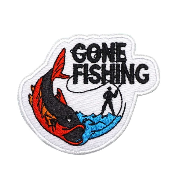 2Pcs GONE FISHING Embroidered Appliques Patch with iron on Backing- Punk Style Crochet Badge Suitable for Vests,Jackets, Backpacks,and Clothing