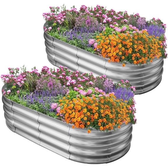 HGD Raised Garden Bed Kit Oval Galvanized Metal 2 Pack 4x2x1 ft