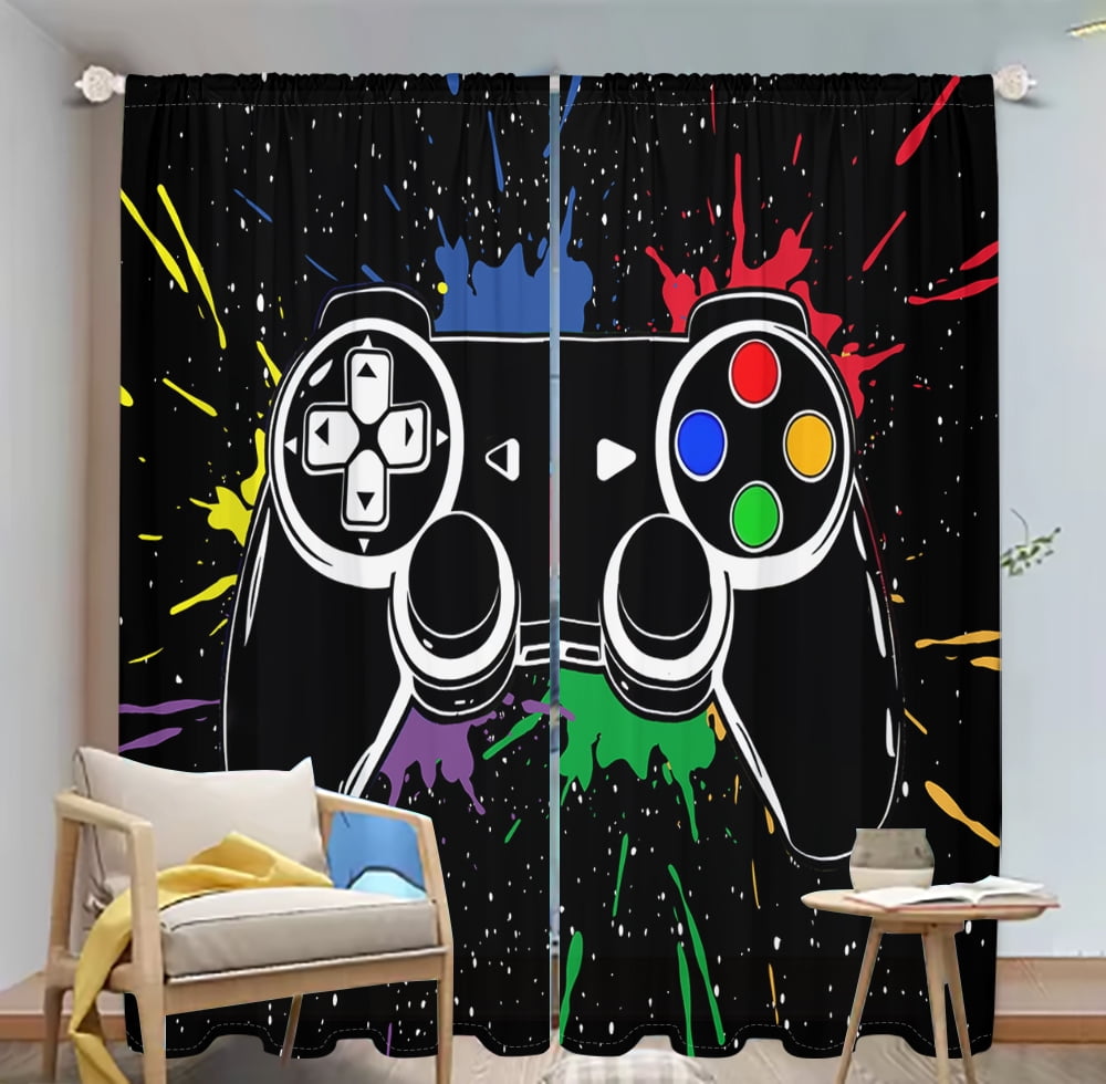 2Pcs Gaming Room Curtains 3D Colorful Controller Pattern Living Room