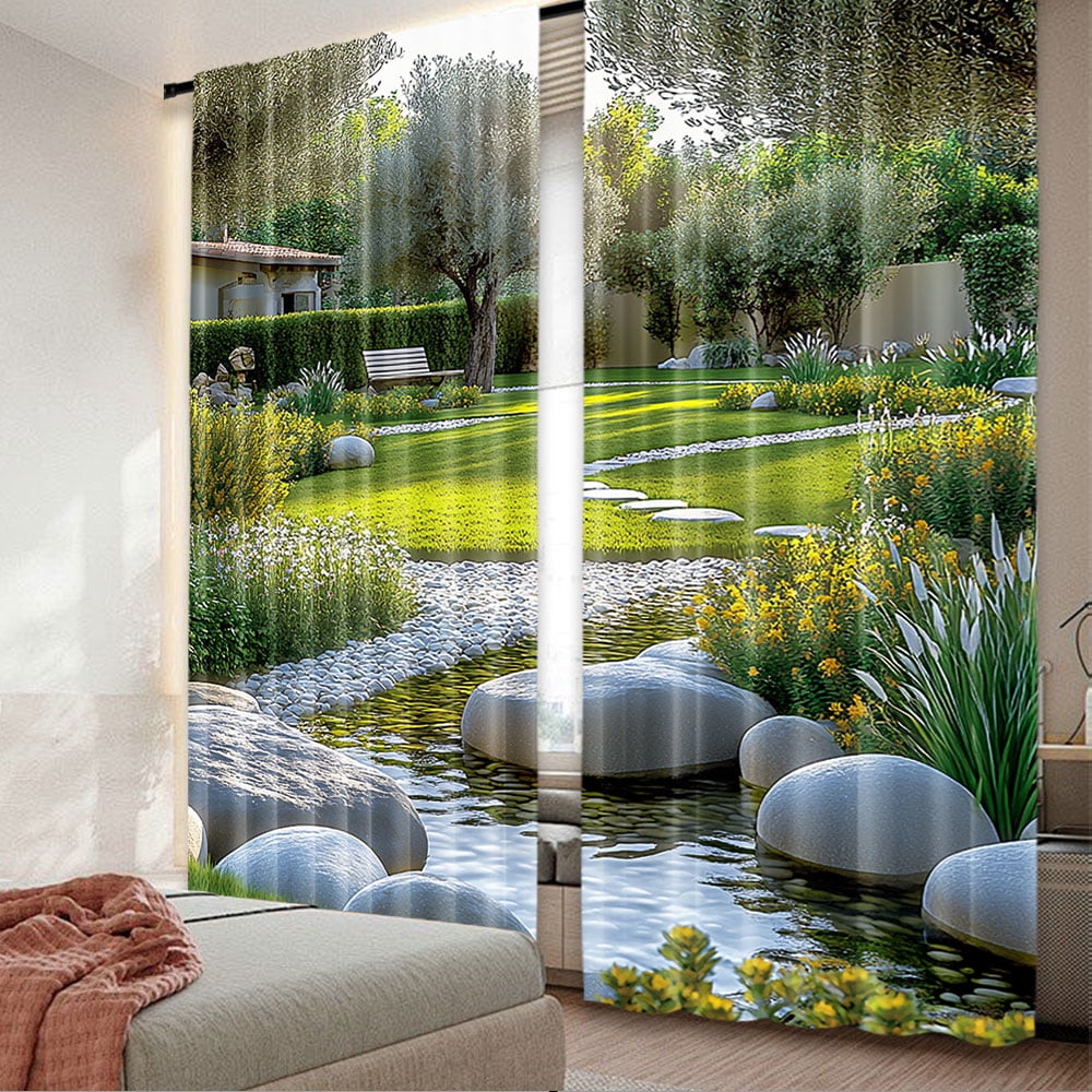 Spring Garden Shower Curtain Colorful Fantasy Flowers Green Plant Tulip Floral Forest Trees Meadow Farmhouse Natural Country Scenery Bathroom Curtain - View #2