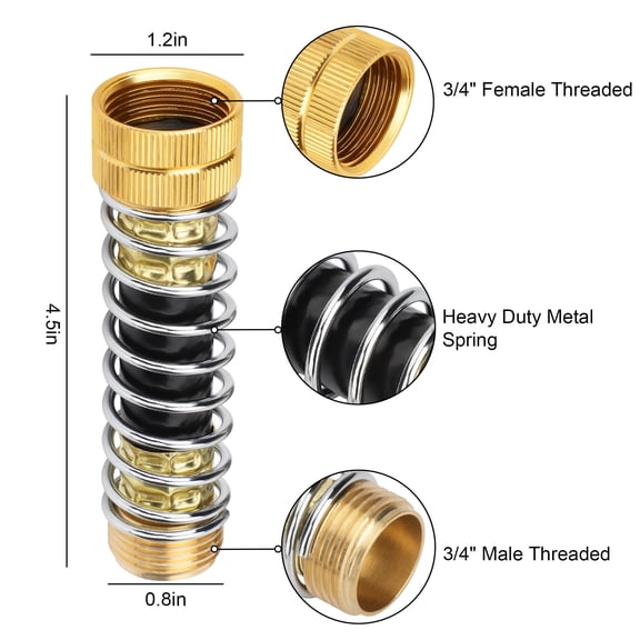 2Pcs Garden Hoses Extension, Brass Coiled Garden Hose Kink & Strain Protector, Hose Extension Connector for Outdoor Water Valve & Faucet, Gold