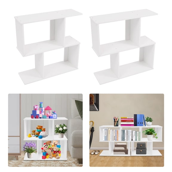 2Pcs Geometric Bookshelf 2-Tier PVC S-Shaped Bookcase Freestanding Books Display Shelf Modern Book Storage Rack Holder Furniture for Living Room Study Room Office Small Spaces, White