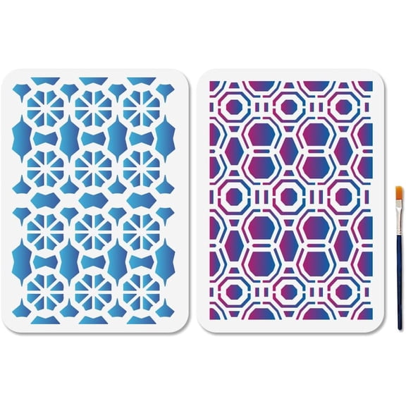2Pcs Geometry Stencil 11.7x8.3inch Reusable Hexagonal Stencil with Paint Brush Abstract Geometry Texture A4 Artistic Wall Template