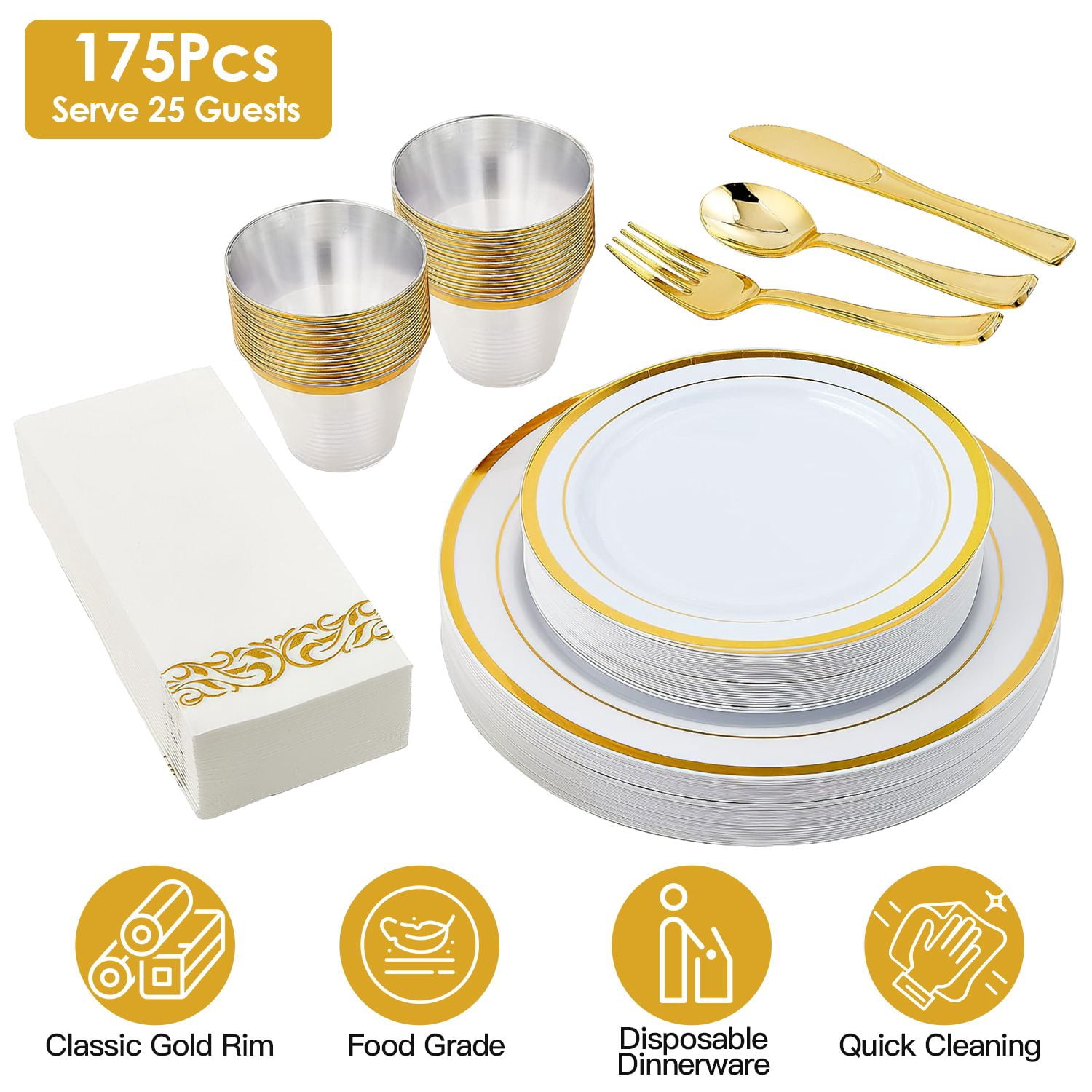 175Pcs Gold Plastic Dinnerware Set Disposable Plates Cups Cutlery for Wedding Party Halloween Thanksgiving