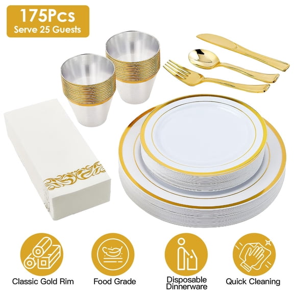 175Pcs Gold Plastic Dinnerware Set Disposable Plates Cups Cutlery for Wedding Party Halloween Thanksgiving