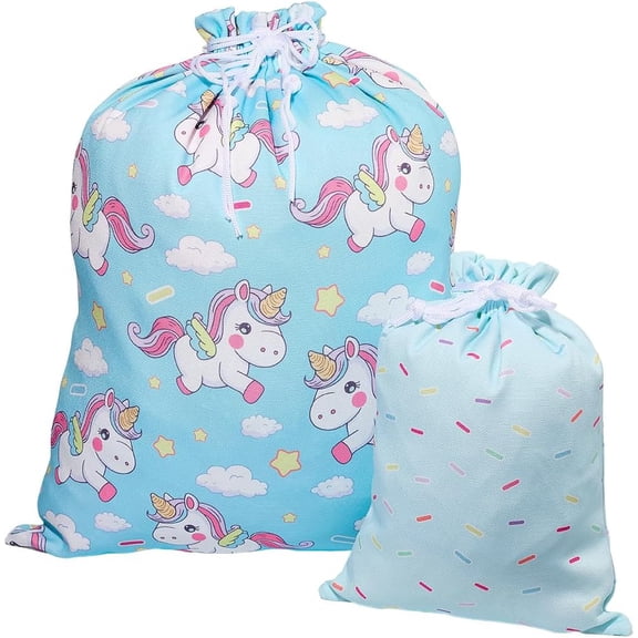 2Pcs Gift Wrap Bags Unicorns Drawstring Present Bag 20" Large 12" Small Blue Reusable Fabric Wrap Gifts Sack Pouches