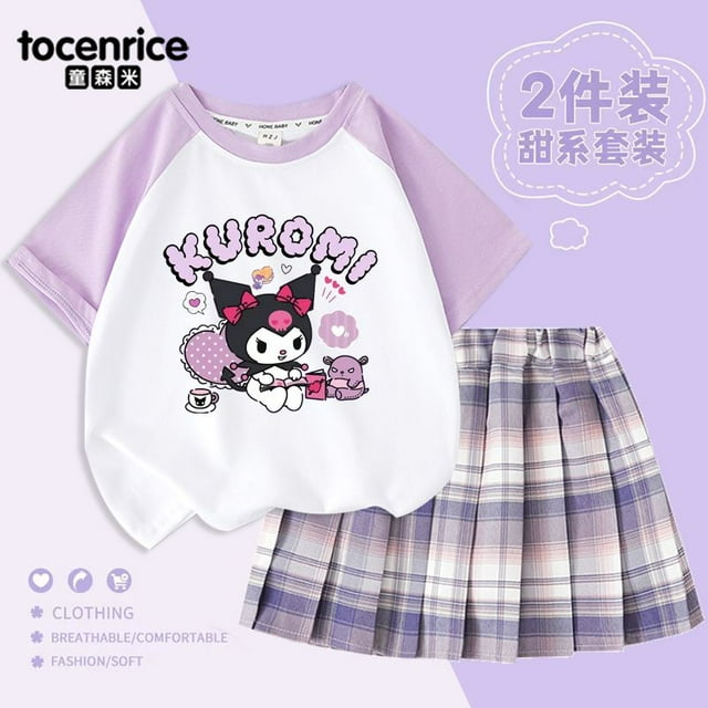 2Pcs Girl Heart Kuromi Children T-Shirt Jk Pleated Skirt Kawaii Anime ...