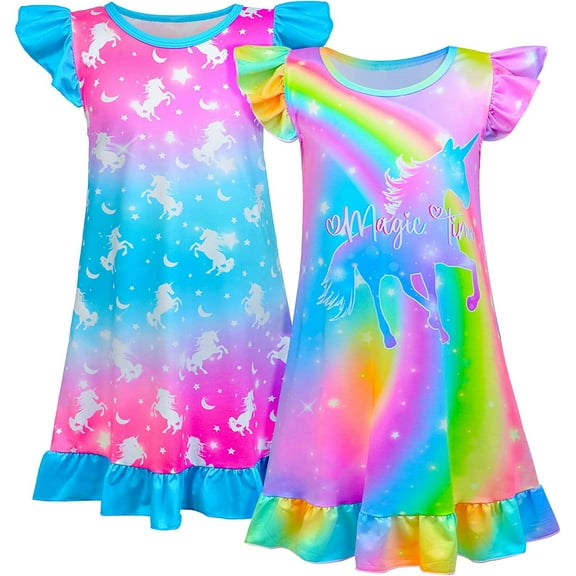 2Pcs Girls Nightgowns 4-8 Years Unicorn Sleepwear Night Sleep Dress Pajamas Little Kids Toddler Soft Nightgown