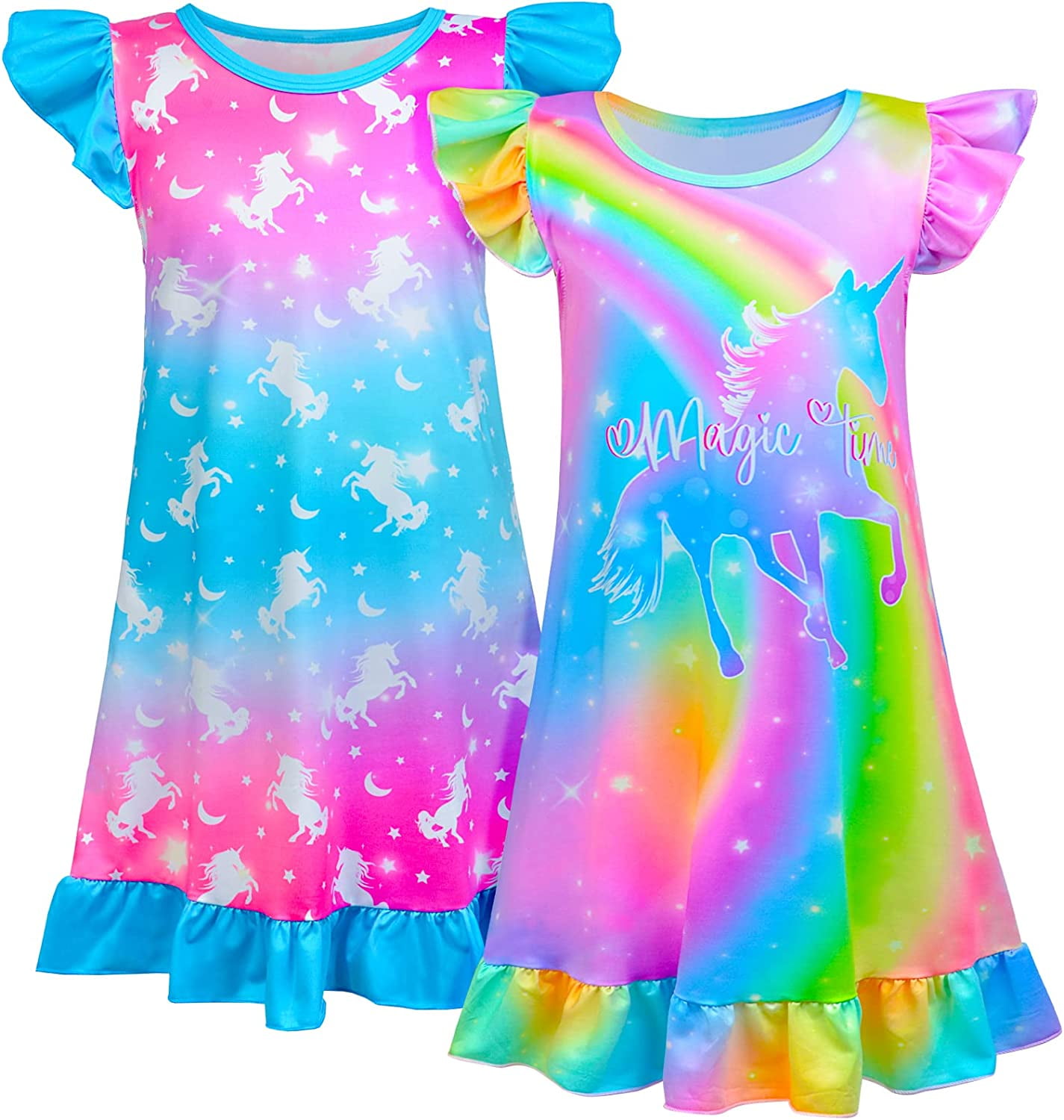 2Pcs Short Sleeve Girls Unicorn Nightgowns, 48 Years, Soft Sleepwear