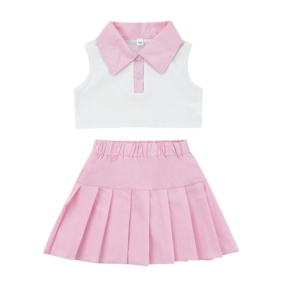 2Pcs Girls Summer Outfits, Patchwork Lapel Buttons Sleeveless Tank Tops + Pleated Skirt Set for Kids, 2-7 Years