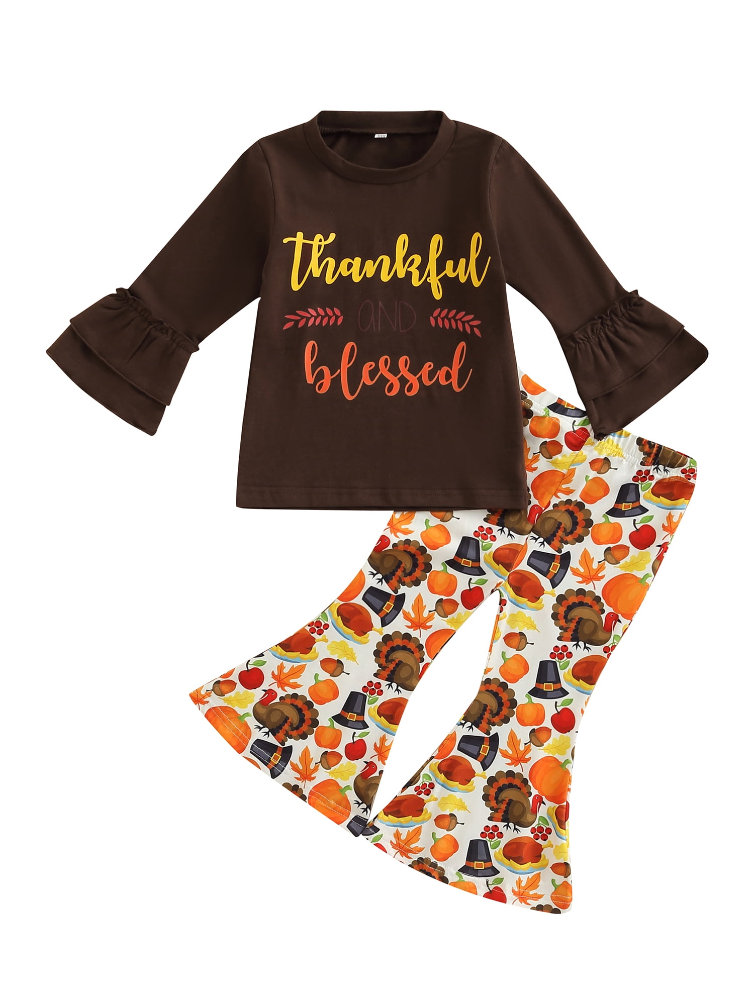 2Pcs Girls Thanksgiving Outfit for Toddler Baby Long Sleeve T Shirt and Bell Bottoms Set for Kids