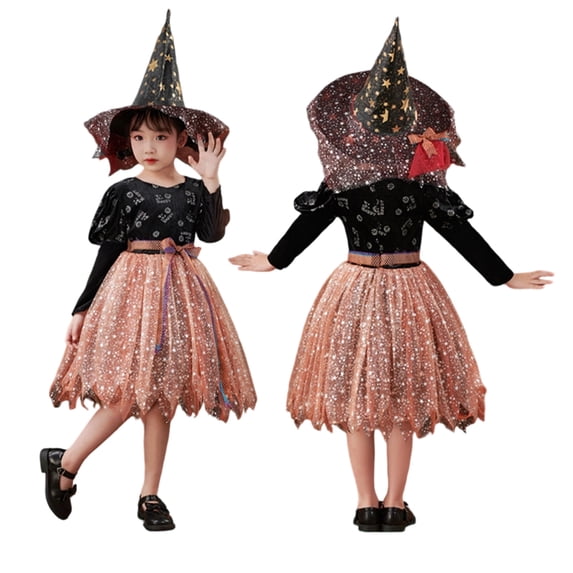 2Pcs Girls Witch Light Up Dresses Costume with Witch Hat Halloween Party Dress-up Sparkly Skirts for Cosplay Performance(Black, M)
