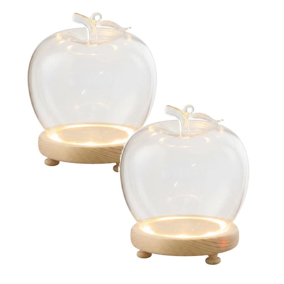 2Pcs Glass Apple Case with Wooden Base, Transparent Apple Shaped Display Dome, Glowing Base Cloche for Flowers Rings Mini Keepsakes, Valentine's Day Gift Decor, 4.92"