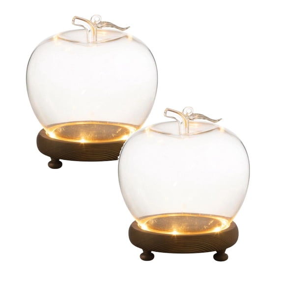 2Pcs Glass Apple Case with Wooden Base, Transparent Apple Shaped Display Dome, Glowing Base Cloche for Flowers Rings Mini Keepsakes, Valentine's Day Gift Decor, 5.31"