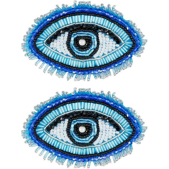 2Pcs Glass Beaded Evil Eye Theme Patches Deep Sky Blue Sew on Tassel Beaded Patches Evil Eye Appliques with Felt Base 62x95x6mm