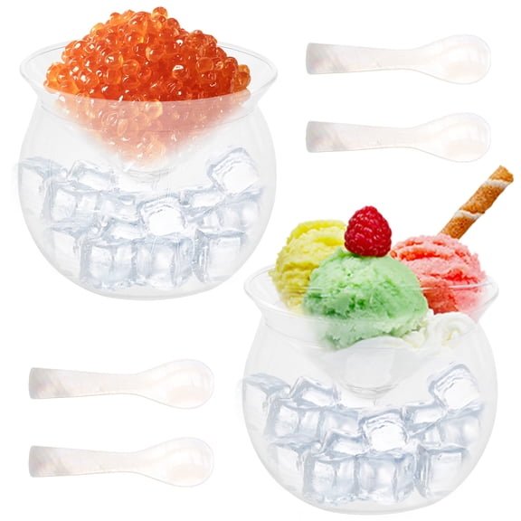 2Pcs Glass Caviar Chiller Server Set Plus 4 Pcs Spoons Caviar Serving Set Universal Martini Wine Liquor Cocktail Ice Cream Chiller Dishwasher Safe