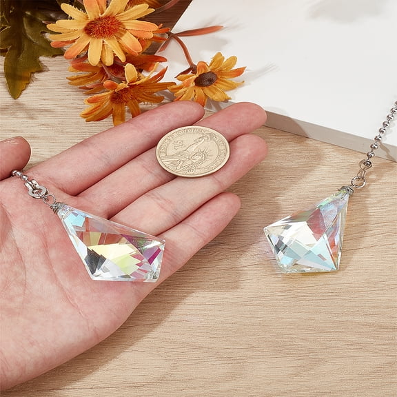 2Pcs Glass Charms Ceiling Fan Pull Chain Extenders Clear Pendants with Brass Ball Chain Decorative Hanging Connector for Bedside Lamp Table 585mm