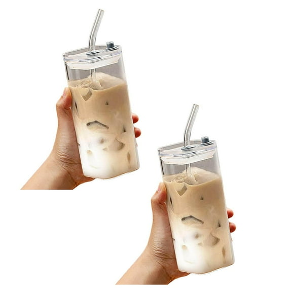 2Pcs Glass Cup With Transparent Lid And Straw,12 Oz Iced Coffee Cup,Glass Smoothie Drinking Cups Set, Reusable Transparent Glasses Cups Suitable For Cocktails,Beer,Coffee