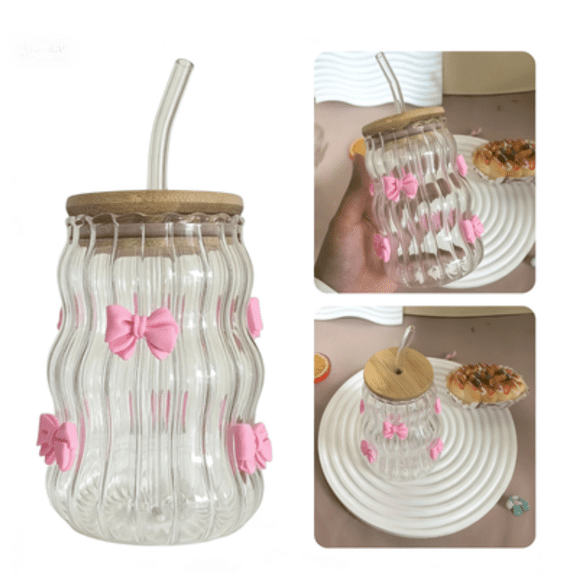 2Pcs Glass Cups with Lids and Straws 15 Oz Ribbed Bow Design Tumbler for Iced Coffee Juice