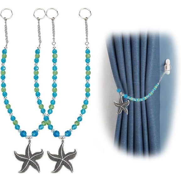 2Pcs Glass Curtain Tie Backs Curtain Holders with Alloy Starfish Pendants Ocean Theme Decorative Tie Backs DIY