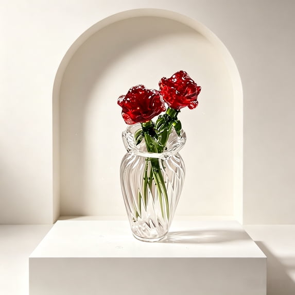 2Pcs Glass Red Rose Ornament—Translucent Lifelike Rose Artwork—Atmospheric Home Decor For Desks And Accessories