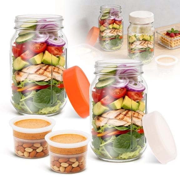 2Pcs Glass Salad Container 800ml, Transparent Jar with Dressing Cup, Portable Meal Prep Pod for Vegetable Fruit, Home Fridge Travel Storage