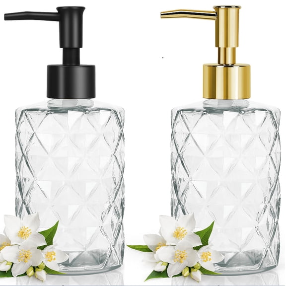 2Pcs Glass Soap Dispenser Diamond Design,330ml Multifunctional Soap Dispenser, 11 OZ Refillable Soap Dispenser Container for Bathroom Kitchen,Black, Golden