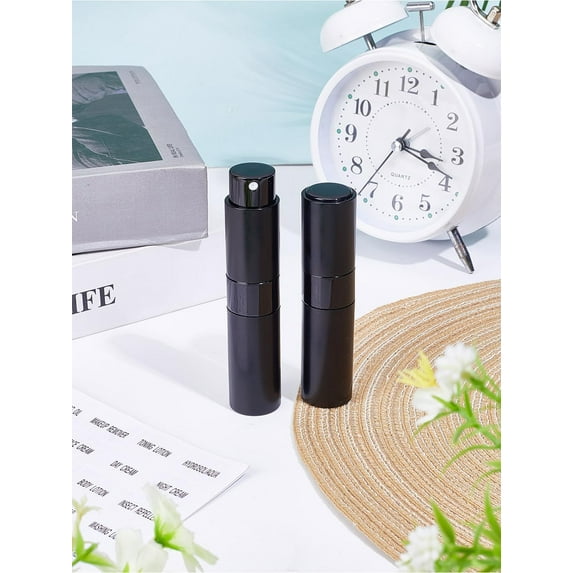 2Pcs Glass Spray Bottles with Aluminum Cover Fine Mist Atomizer Refillable Bottle Column Black 2.25x9.7cm Capacity: 8ml(0.27fl. oz)