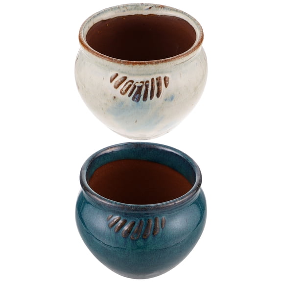 2Pcs Glazed Pottery Flower Pot Round Ceramic Pot Small Potted Planter for Decorative Pot