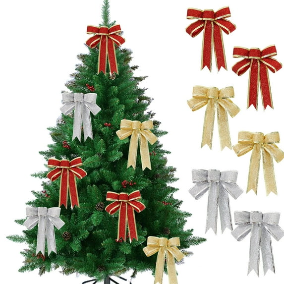 2Pcs Glitter Christmas Bows Hanging Decorations for Christmas Tree Gift Box Wedding Arch Window Display Holiday Party Ornament Indoor Festive Decor