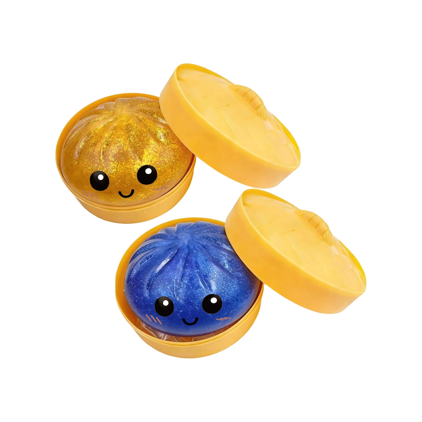 2Pcs Glitter Colorful Dumpling Squishy, Cute Squishy Dumpling Large with Steamer, Squishy Dumpling Doll with Cute Expressions, Silicone Bun Sensory Fidget Dolls, Hand Pinching Decompression Dolls