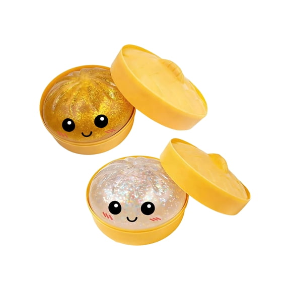 2Pcs Glitter Colorful Dumpling Squishy, Cute Squishy Dumpling Large with Steamer, Squishy Dumpling Doll with Cute Expressions, Silicone Bun Sensory Fidget Dolls, Hand Pinching Decompression Dolls
