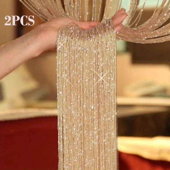 2Pcs Glitter String Curtains for Doorways, Champagne Curtains Fringe Curtain with Tassels, 79 x 39 Inch Glitter Curtains for Partition Decoration, Wedding, Living Room, Bathroom, Coffee Shop