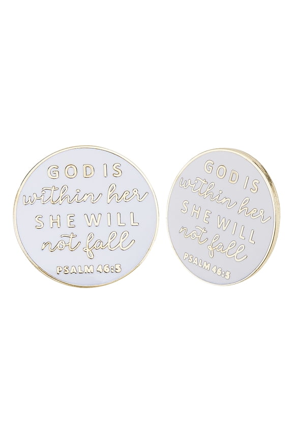 2Pcs God is Within Her She will Not Fall Enamel Pins Alloy Lapel Pin Backs for Backpack Clothes Golden 28mm White