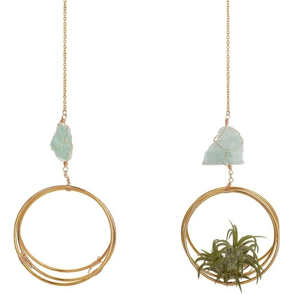 2Pcs Gold Air Plant Hanger with Natural Fluorite Pendant Metal Geometric Hanging Planter Plant Hanger Display Frame Plants Display Racks for DIY Air Plant Home Office Desk Decor