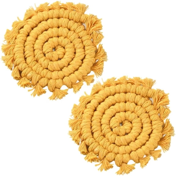 2Pcs Gold Car Coaster Cotton Car Coasters Universal Boho Rustic Woven Macrame Round Drink Cups Holder Mini Mat Pad for Automotive