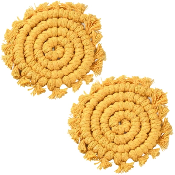 2Pcs Gold Car Coaster Cotton Car Coasters Universal Boho Rustic Woven Macrame Round Drink Cups Holder Mini Mat Pad