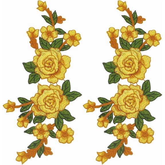 2Pcs Gold Embroidered Flower Patches Sew On Rose Bouquet Applique Retro Floral Pair Polyester Ornament