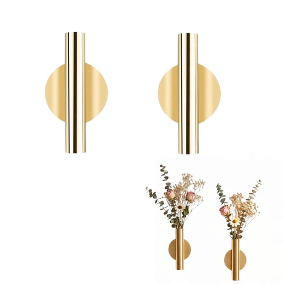 2-Pack Gold Metal Wall Vase, 4.25 in Decorative Flower Tube Holder for Dried and Faux Flowers