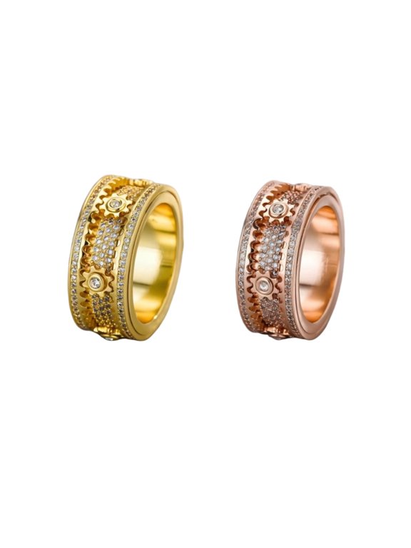 2Pcs Gold & Rose Gold Plated Spinner Ring Set, Mechanical Gear Fidget Band with CZ, Anxiety Relief Jewelry for Daily Wear, Unique Gift for Girlfriend Boyfriend