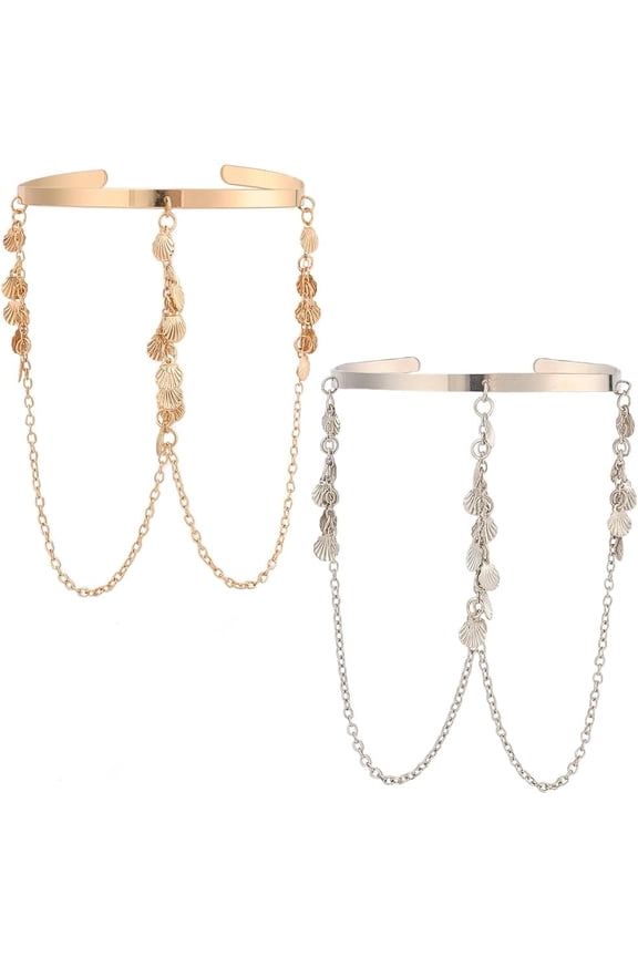 2Pcs Gold Silver Seashell Arm Cuff Upper Armband Layered Boho Summer Beach Shell Open Coil Metal Adjustable Bangle Bracelets Upper Jewelry Armband Bulk for Women Party Dress Costume Outfits