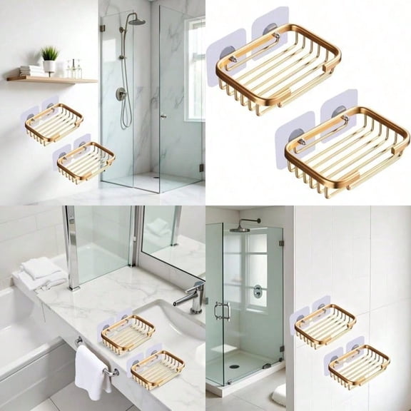2Pcs Gold Soap Dish for Shower Creative Hanging Drain RackSelf Adhesive Soap Dish Holder Soap Holder Storage Rack Damage Free Hanging Bathroom Soap Dishes Drill Free Accories
