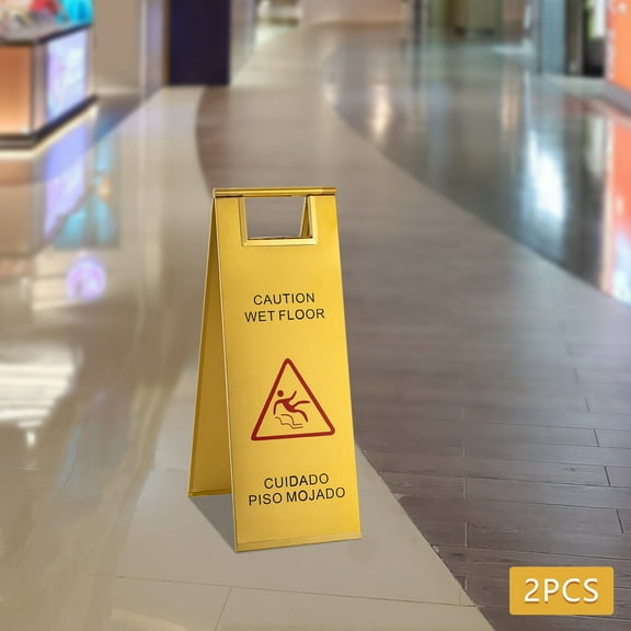 2Pcs Gold Stainless Steel Wet Floor Sign, 9*23.6in Caution Wet Floor Sign, Safety Warning Sign
