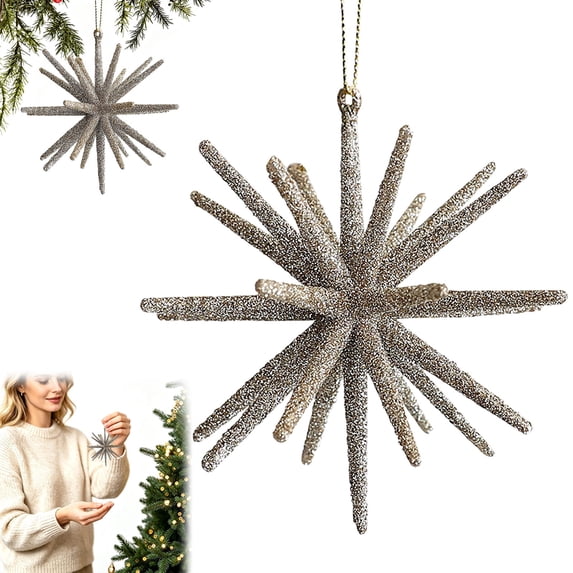 2Pcs Gold Star Shaped Christmas Hanging Ornament, Star Pendant for Xmas Tree Winter Holiday Home Decor, Starburst Plastic Decoration, 5X5In