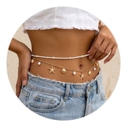 2Pcs Golden Starfish Waist Chain for Women Adjustable Layered Belly Chain Bohemian Shell Beaded Bikini Body Chain for Beach, Summer Festival, Vacation & Boho Accessories