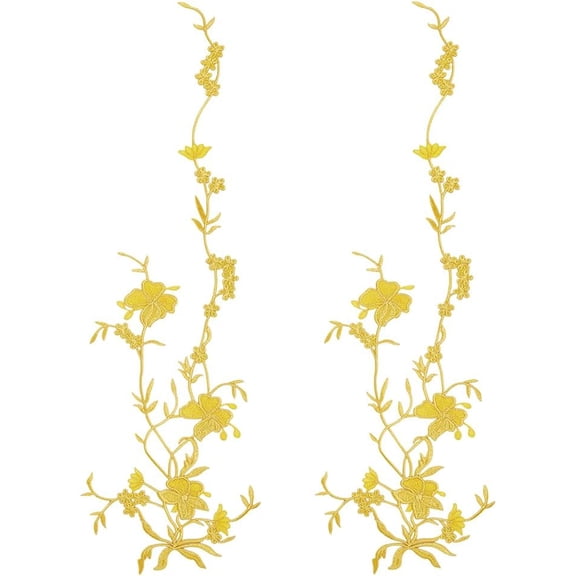 2Pcs Golden Butterfly Flower Cloth Embroidery Appliques Floral Iron on Embellishments Fabric Trim Repair Sewing Polyester Vine Sew Applique DIY Cloth Art Embroidered Decoration